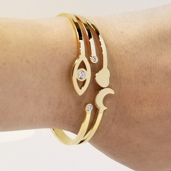 18K Gold Evil Eye Heart Moon Bracelet Bangle Cuff - Picture 7 of 7
